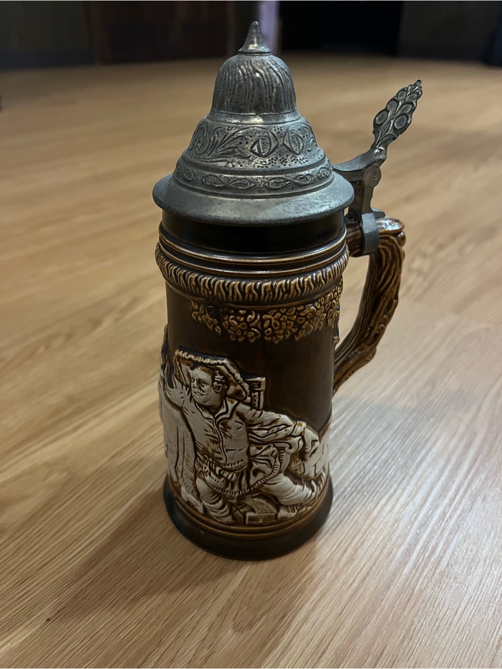 Mid to late 20th century German ceramic beer stein with a pewter lid